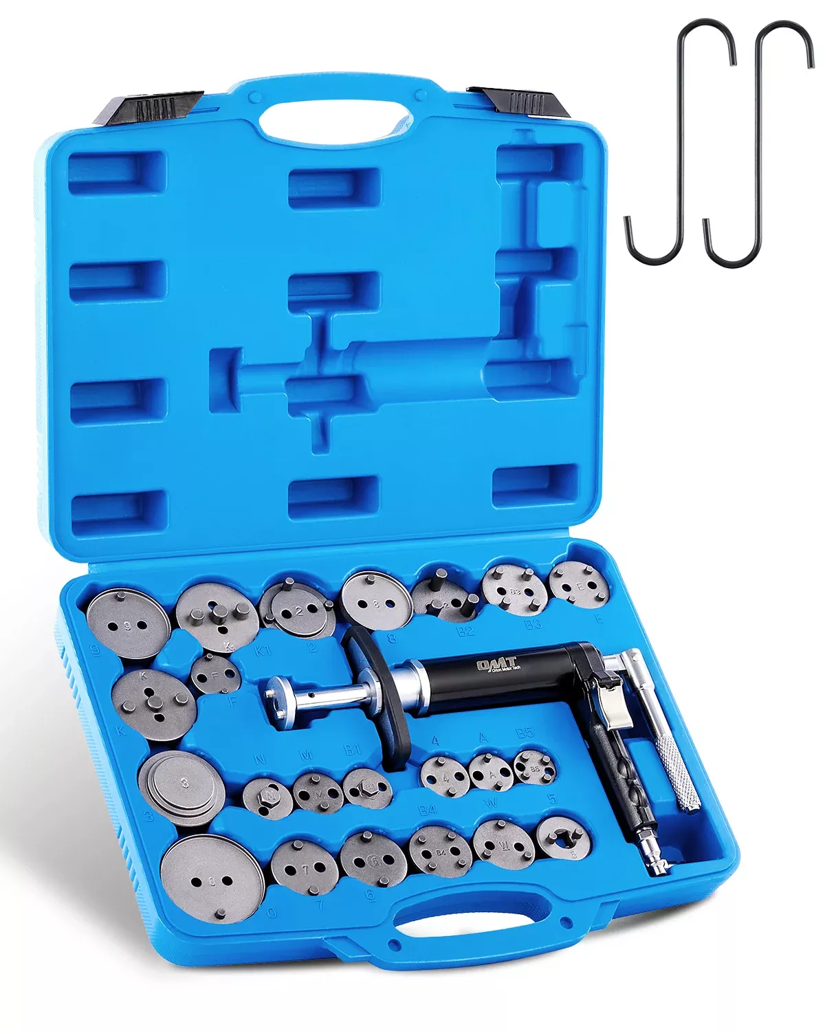 Brake Caliper Wind Back Tool Kit, 26pc Automotive Mechanic Tool Set with Pneumatic Piston Compression Tool Caliper Hangers and 22 Disc Adapters, Car Repair Tools with Storage Case